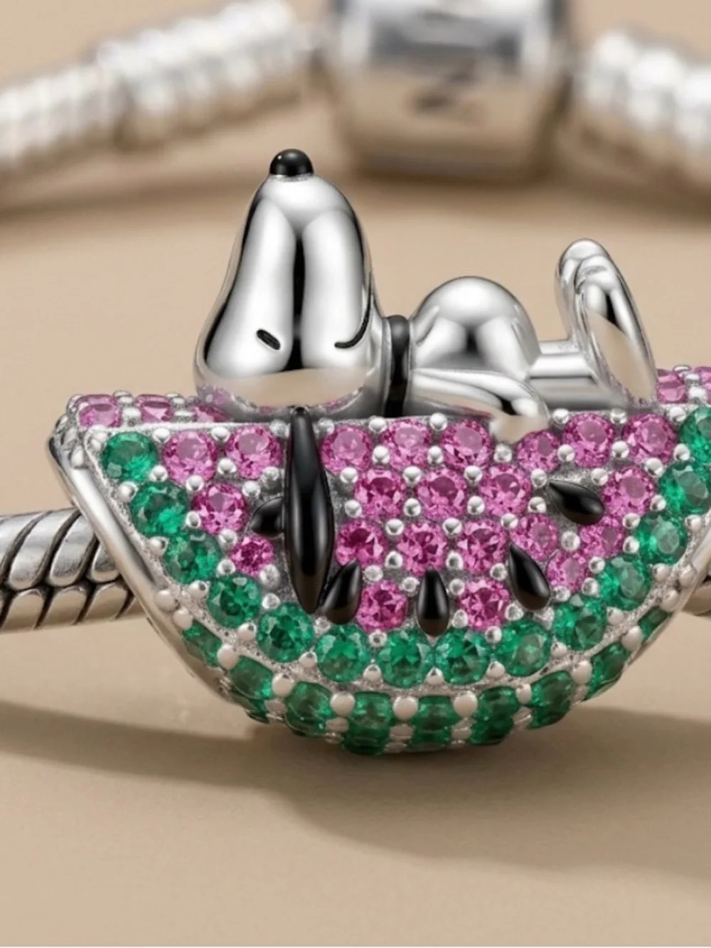 Sterling Silver Inspired Snoopy Watermelon Charm with Pink & Green Stones
